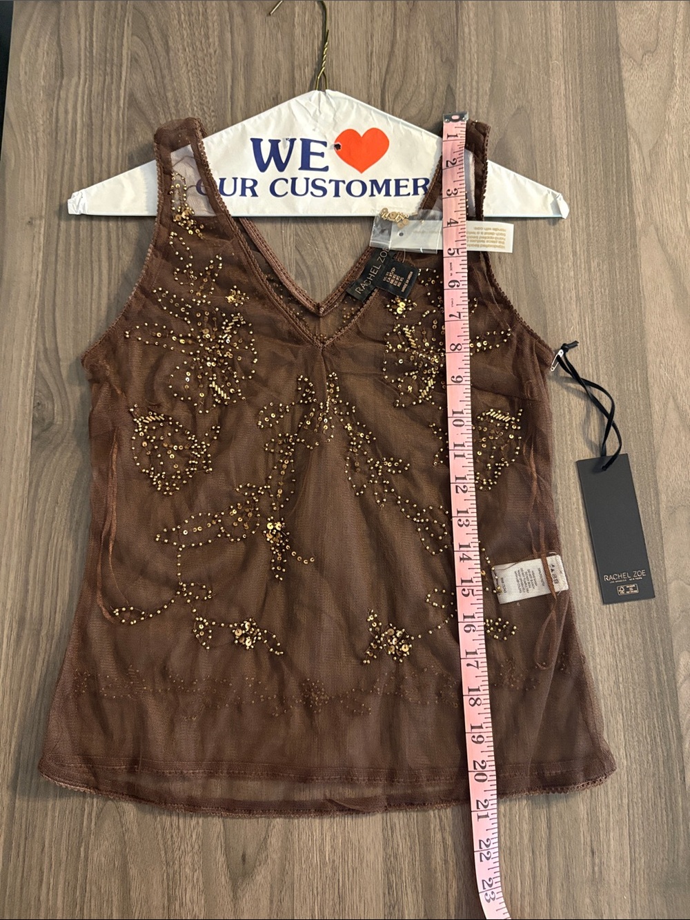 Sheer Embellished Brown V-Neck Mesh Tank Top - Picture 16 of 17